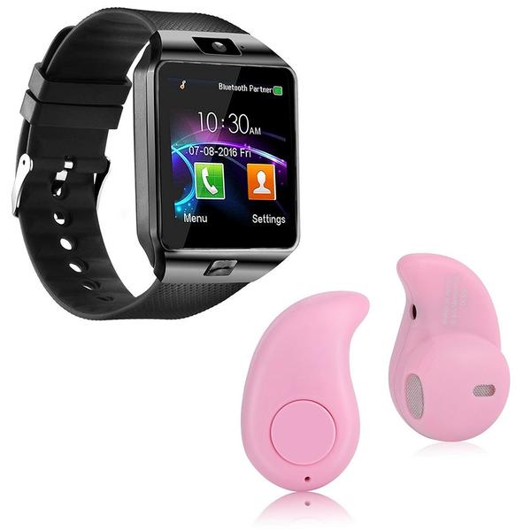 Kit 1 Relógio SmartWatch DZ09 Preto + 1 Mini Fone Bluetooh Rosa