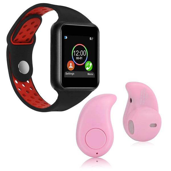 Kit 1 Relógio SmartWatch M3 Vermelho + 1 Mini Fone Bluetooth Rosa - Z Smart