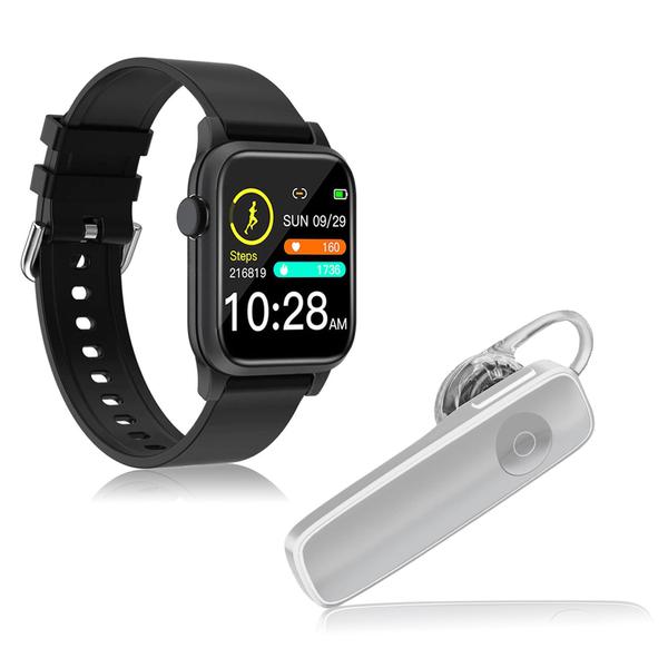 Kit 1 Relógio Smartwatch P18 Preto Android IOS + 1 Fone Bluetooth Estéreo Headset Branco - Smart Bracelet