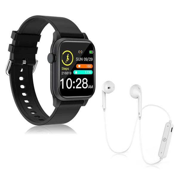 Kit 1 Relógio Smartwatch P18 Preto Android IOS + 1 Fone Bluetooth S6 Branco - Smart Bracelet