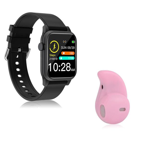 Kit 1 Relógio Smartwatch P18 Preto Android IOS + 1 Mini Fone Bluetooth Rosa - Smart Bracelet