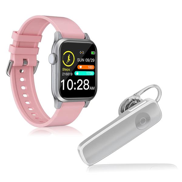 Kit 1 Relógio Smartwatch P18 Rosa Android IOS + 1 Fone Bluetooth Estéreo Headset Branco - Smart Bracelet