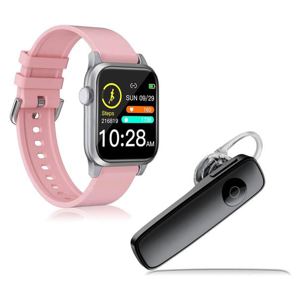 Kit 1 Relógio Smartwatch P18 Rosa Android IOS + 1 Fone Bluetooth Estéreo Headset Preto - Smart Bracelet