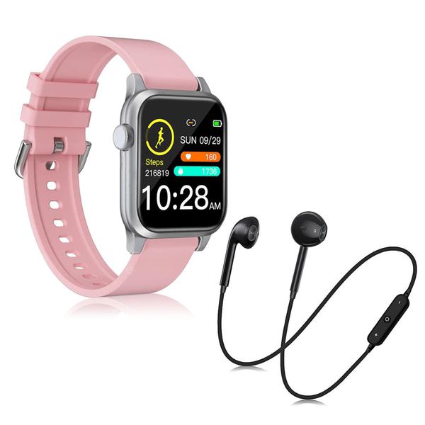 Kit 1 Relógio Smartwatch P18 Rosa Android IOS + 1 Fone Bluetooth S6 Preto - Smart Bracelet