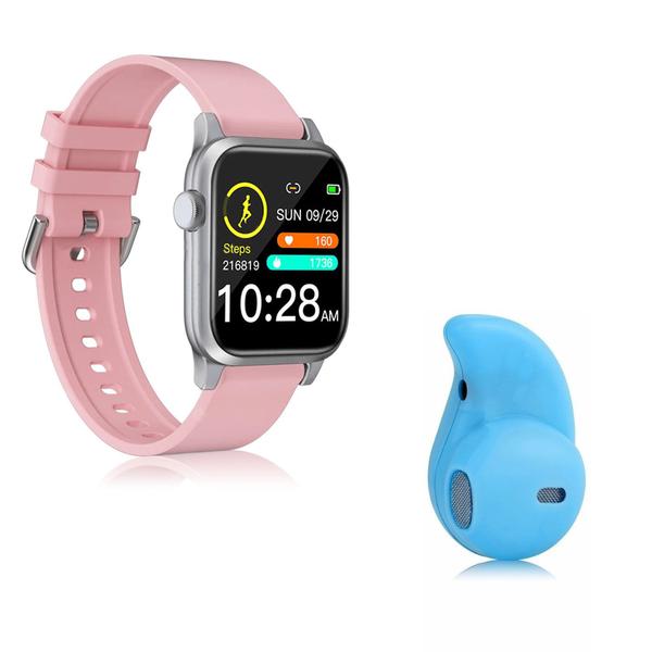 Kit 1 Relógio Smartwatch P18 Rosa Android IOS + 1 Mini Fone Bluetooth Azul - Smart Bracelet