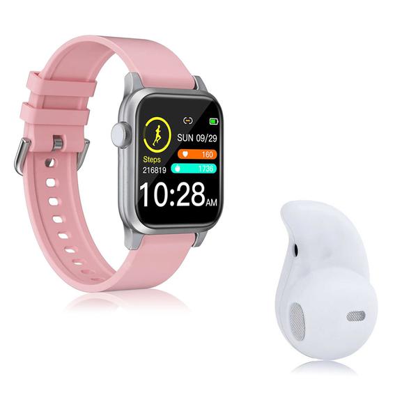 Kit 1 Relógio Smartwatch P18 Rosa Android IOS + 1 Mini Fone Bluetooth Branco - Smart Bracelet