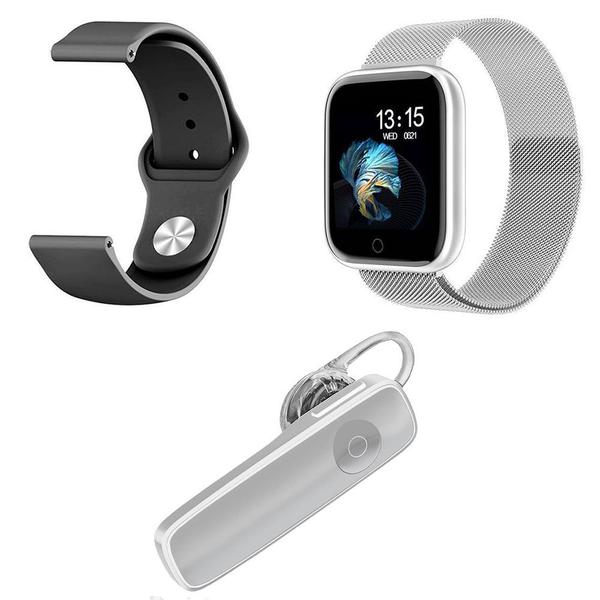 Kit 1 Relógio Smartwatch P70 Prata Android IOS + 1 Pulseira Extra + 1 Fone Sem Fio Bt Headset Branco - Smart Bracelet