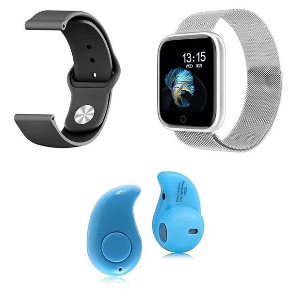 Kit 1 Relógio Smartwatch P70 Prata Android IOS + 1 Pulseira Extra + 1 Mini Fone Bluetooth Azul - Smart Bracelet