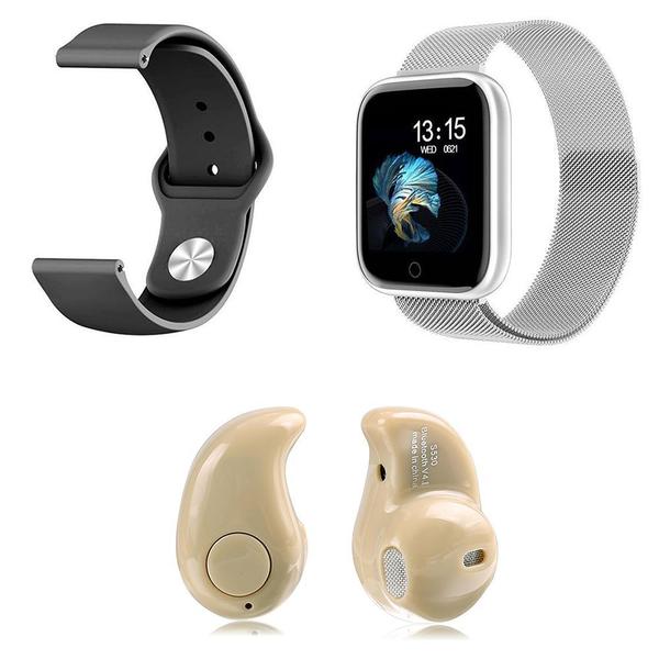 Kit 1 Relógio Smartwatch P70 Prata Android IOS + 1 Pulseira Extra + 1 Mini Fone Bluetooth Marfim - Smart Bracelet