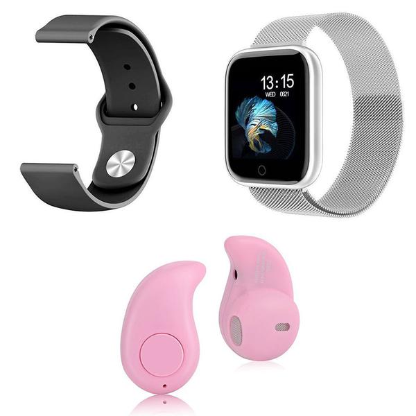 Kit 1 Relógio Smartwatch P70 Prata Android IOS + 1 Pulseira Extra + 1 Mini Fone Bluetooth Rosa - Smart Bracelet