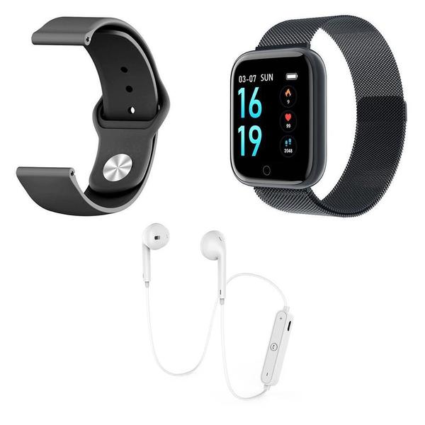 Kit 1 Relógio Smartwatch P70 Preto Android IOS + 1 Pulseira Extra + 1 Fone Bluetooth Original Branco - Smart Bracelet