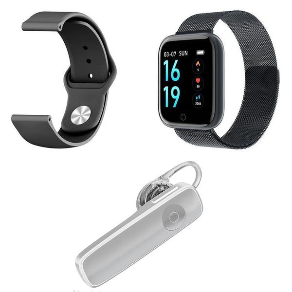 Kit 1 Relógio Smartwatch P70 Preto Android IOS + 1 Pulseira Extra + 1 Fone Sem Fio Bt Headset Branco - Smart Bracelet