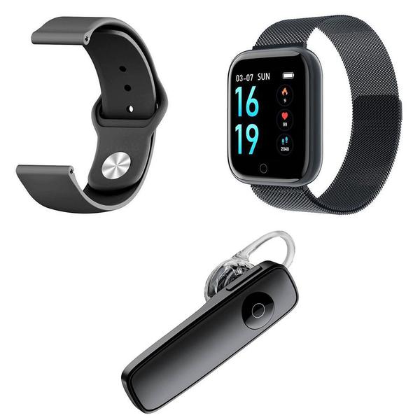 Kit 1 Relógio Smartwatch P70 Preto Android IOS + 1 Pulseira Extra + 1 Fone Sem Fio Bt Headset Preto - Smart Bracelet