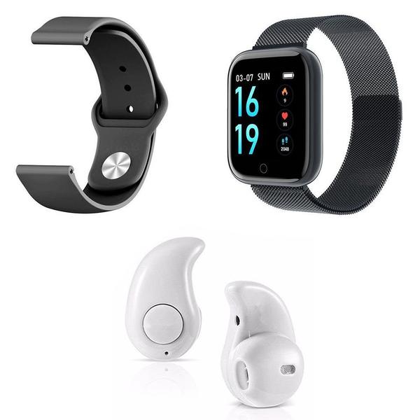 Kit 1 Relógio Smartwatch P70 Preto Android IOS + 1 Pulseira Extra + 1 Mini Fone Bluetooth Branco - Smart Bracelet