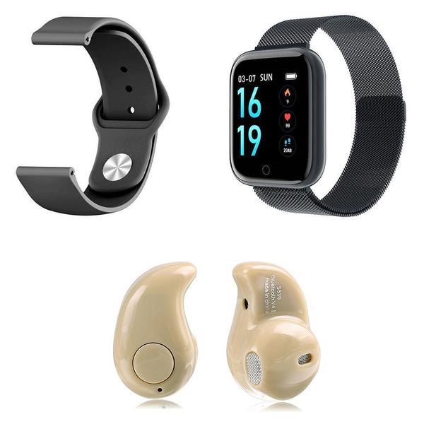 Kit 1 Relógio Smartwatch P70 Preto Android IOS + 1 Pulseira Extra + 1 Mini Fone Bluetooth Marfim - Smart Bracelet