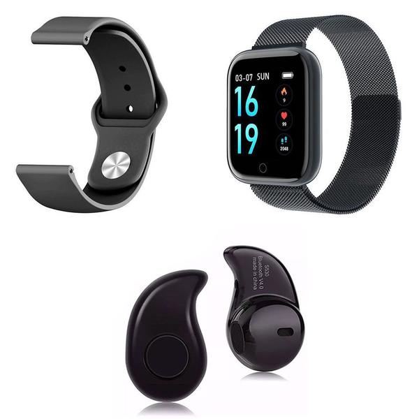 Kit 1 Relógio Smartwatch P70 Preto Android IOS + 1 Pulseira Extra + 1 Mini Fone Bluetooth Preto - Smart Bracelet