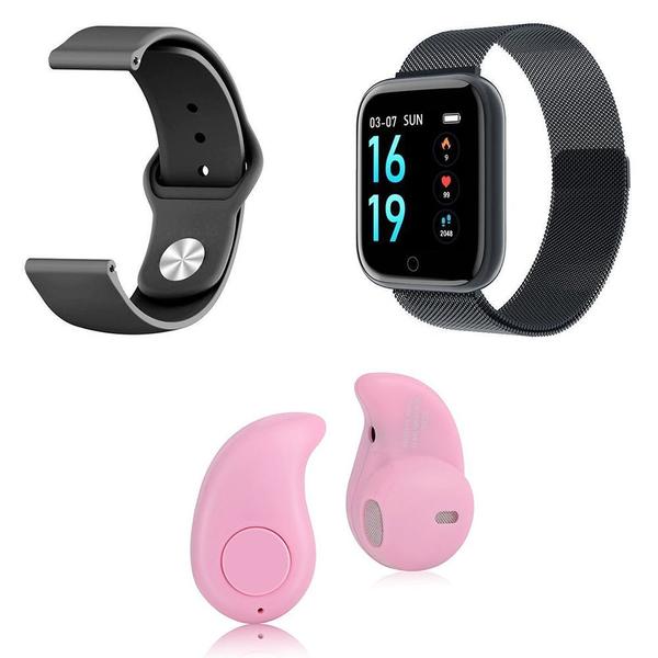 Kit 1 Relógio Smartwatch P70 Preto Android IOS + 1 Pulseira Extra + 1 Mini Fone Bluetooth Rosa - Smart Bracelet