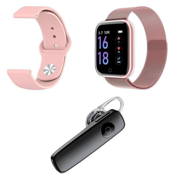 Kit 1 Relógio Smartwatch P70 Rosa Android IOS + 1 Pulseira Extra + 1 Fone de Ouvido Sem Fio Bluetooth Headset Preto - P Smart