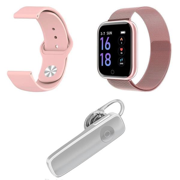 Kit 1 Relógio Smartwatch P70 Rosa Android IOS + 1 Pulseira Extra + 1 Fone Sem Fio Bt Headset Branco - Smart Bracelet