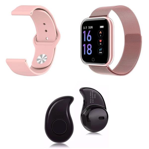 Kit 1 Relógio Smartwatch P70 Rosa Android IOS + 1 Pulseira Extra + 1 Mini Fone Bluetooth Preto - Smart Bracelet