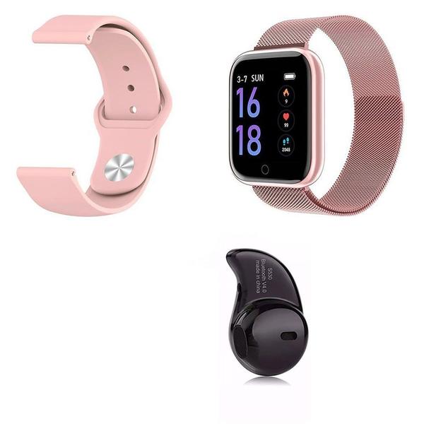 Kit 1 Relógio Smartwatch P70 Rosa Android IOS + 1 Pulseira Extra + 1 Mini Fone Bluetooth Preto - Smart Bracelet