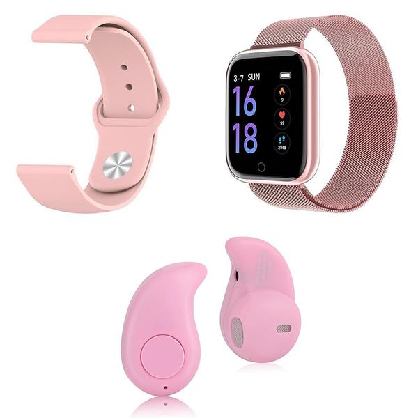 Kit 1 Relógio Smartwatch P70 Rosa Android IOS + 1 Pulseira Extra + 1 Mini Fone Bluetooth Rosa - P Smart