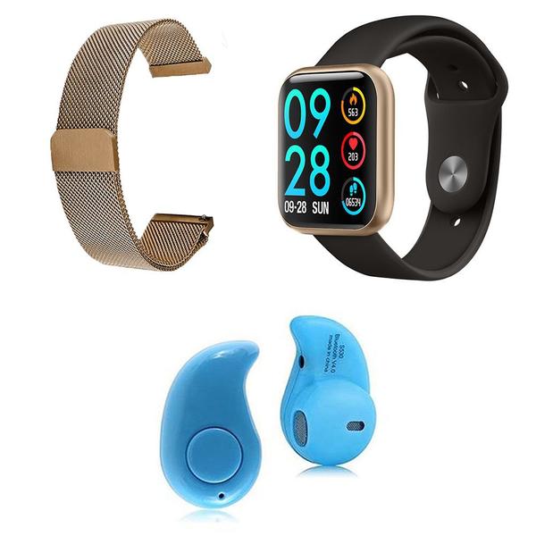 Kit 1 Relógio Smartwatch P80 Dourado Android IOS + 1 Pulseira Extra + 1 Mini Fone Bluetooth Azul - P Smart