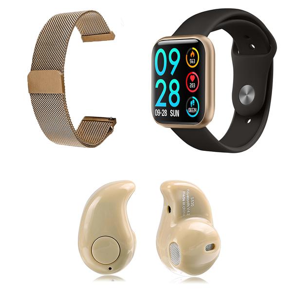 Kit 1 Relógio Smartwatch P80 Dourado Android IOS + 1 Pulseira Extra + 1 Mini Fone Bluetooth Marfim - P Smart