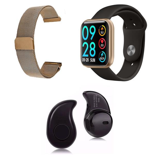 Kit 1 Relógio Smartwatch P80 Dourado Android IOS + 1 Pulseira Extra + 1 Mini Fone Bluetooth Preto - Smart Bracelet