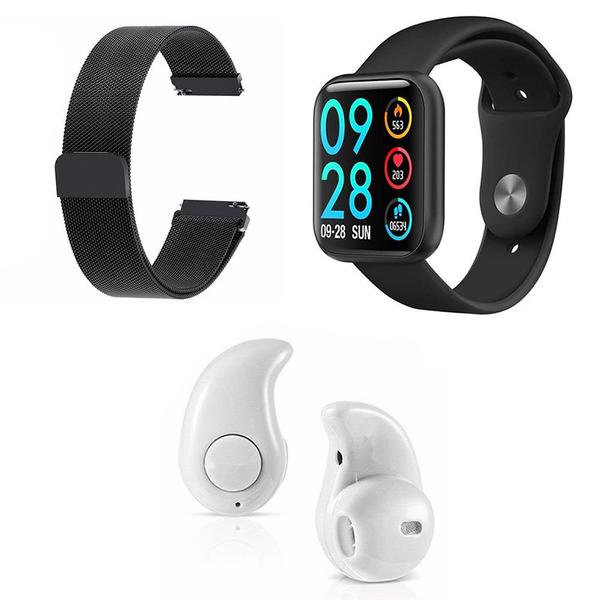 Kit 1 Relógio Smartwatch P80 Preto Android IOS + 1 Pulseira Extra + 1 Mini Fone Bluetooth Branco - Smart Bracelet