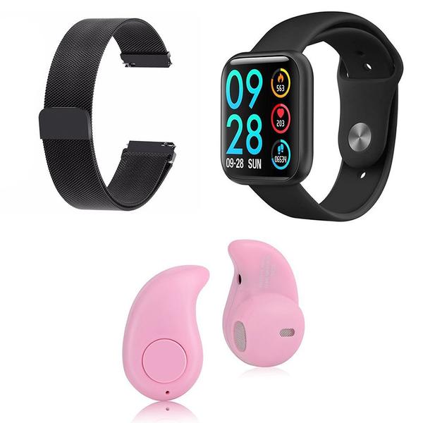 Kit 1 Relógio Smartwatch P80 Preto Android IOS + 1 Pulseira Extra + 1 Mini Fone Bluetooth Rosa - Smart Bracelet