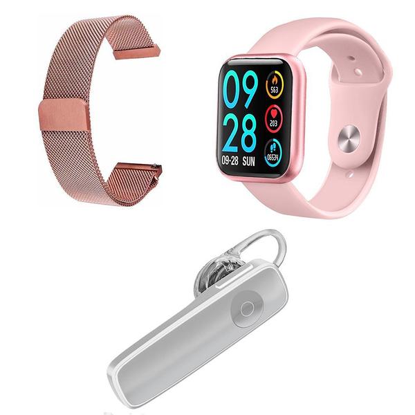 Kit 1 Relógio Smartwatch P80 Rosa Android IOS + 1 Pulseira Extra + 1 Fone Bluetooth Headset Branco - Smart Bracelet