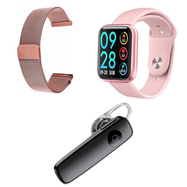 Kit 1 Relógio Smartwatch P80 Rosa Android IOS + 1 Pulseira Extra + 1 Fone Bluetooth Headset Preto - Smart Bracelet