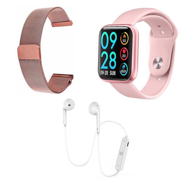 Kit 1 Relógio Smartwatch P80 Rosa Android IOS + 1 Pulseira Extra + 1 Fone Bluetooth Original Branco - Smart Bracelet