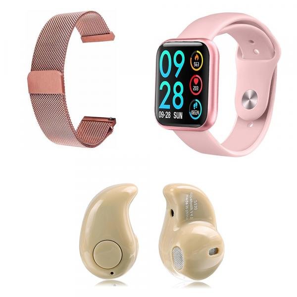 Kit 1 Relógio Smartwatch P80 Rosa Android IOS + 1 Pulseira Extra + 1 Mini Fone Bluetooth Marfim - P Smart