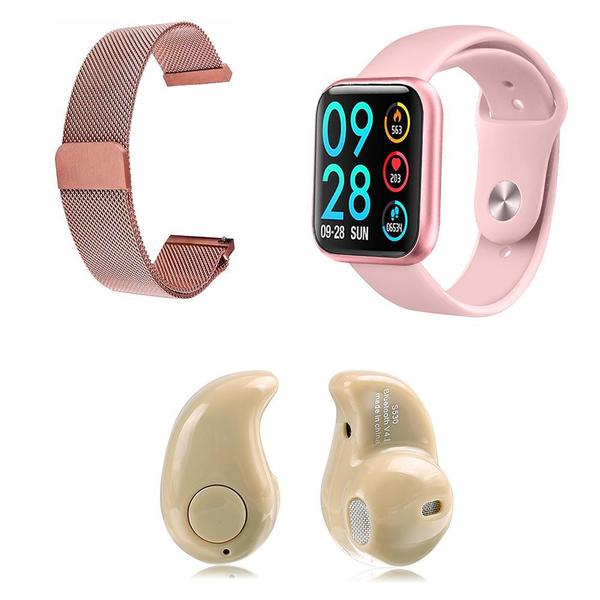 Kit 1 Relógio Smartwatch P80 Rosa Android IOS + 1 Pulseira Extra + 1 Mini Fone Bluetooth Marfim - Smart Bracelet