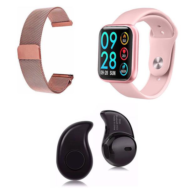 Kit 1 Relógio Smartwatch P80 Rosa Android IOS + 1 Pulseira Extra + 1 Mini Fone Bluetooth Preto - Smart Bracelet