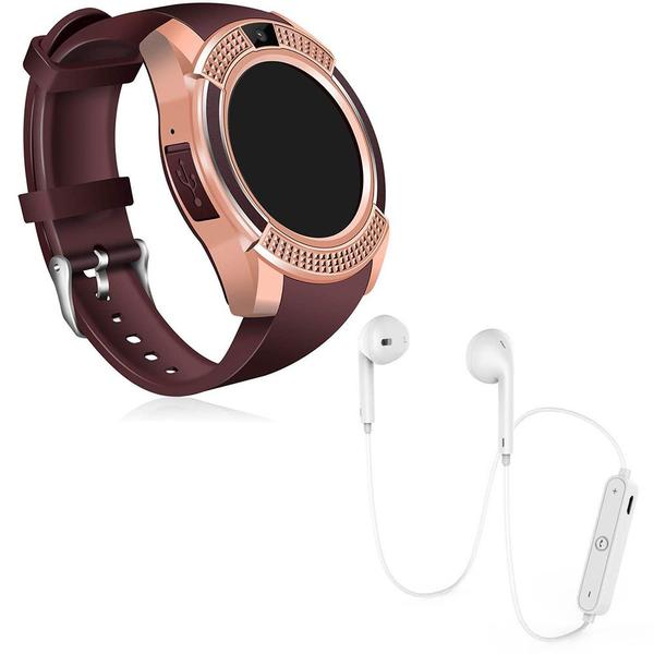 Kit 1 Relógio SmartWatch V8 Dourado + 1 Fone Bluetooh Original Branco - V Smart