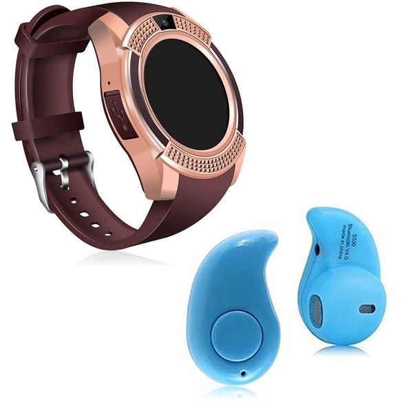 Kit 1 Relógio SmartWatch V8 Dourado + 1 Mini Fone Bluetooh Azul - V Smart