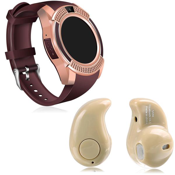 Kit 1 Relógio SmartWatch V8 Dourado + 1 Mini Fone Bluetooh Marfim - V Smart