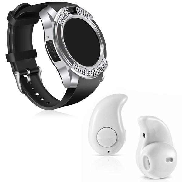 Kit 1 Relógio SmartWatch V8 Prata + 1 Mini Fone Bluetooh Branco - V Smart