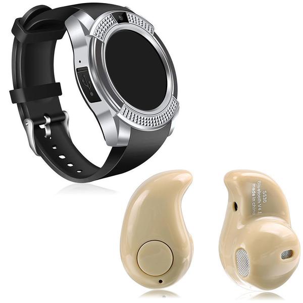 Kit 1 Relógio SmartWatch V8 Prata + 1 Mini Fone Bluetooh Marfim - V Smart