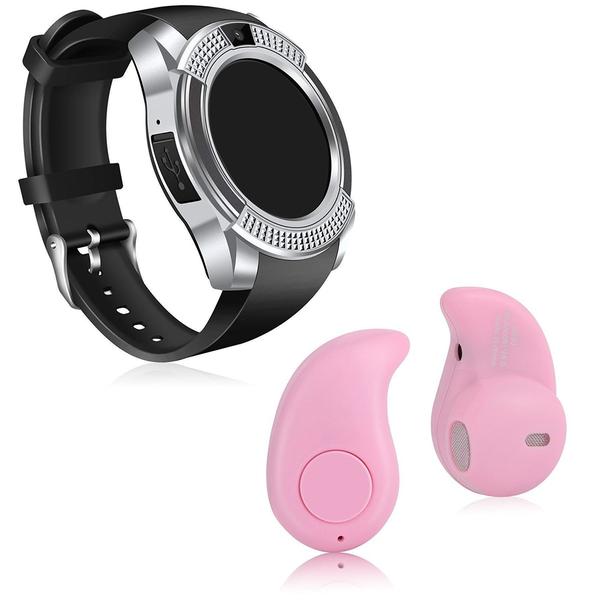 Kit 1 Relógio SmartWatch V8 Prata + 1 Mini Fone Bluetooh Rosa - V Smart