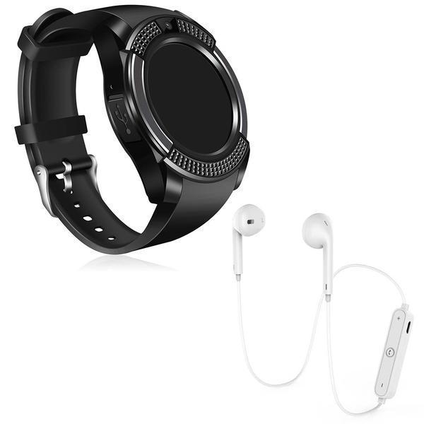 Kit 1 Relógio SmartWatch V8 Preto + 1 Fone Bluetooh Branco - V Smart