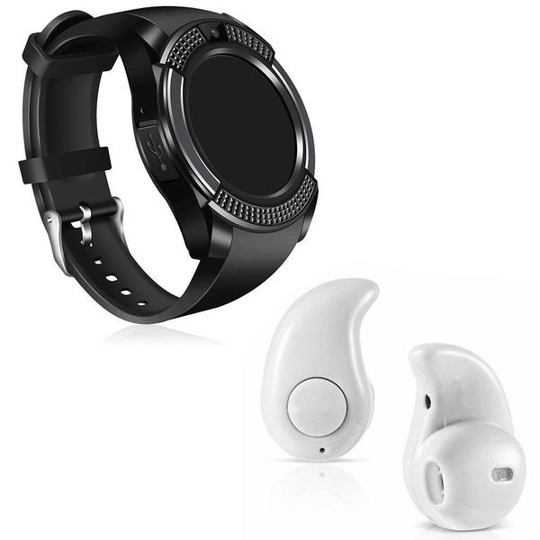 Kit 1 Relógio SmartWatch V8 Preto + 1 Mini Fone Bluetooh Branco - V Smart