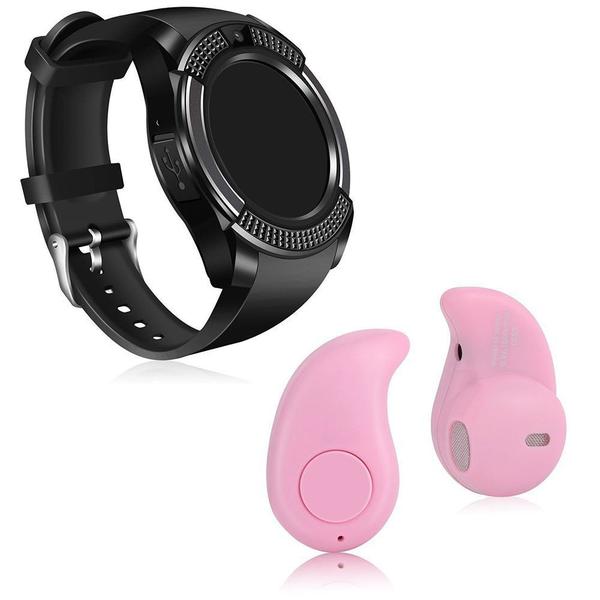 Kit 1 Relógio SmartWatch V8 Preto + 1 Mini Fone Bluetooh Rosa - V Smart