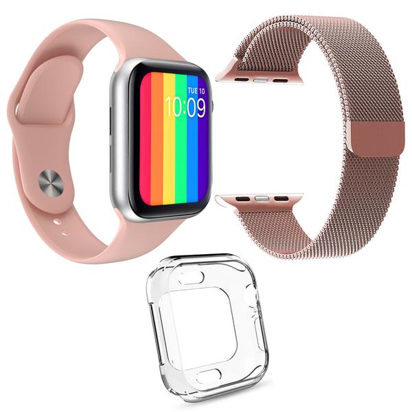 Kit 1 Relógio SmartWatch W26 Tela Infinita Rosa + 1 Pulseira Aço Milanese Rosa + 1 Case Silicone - Smart Bracelet