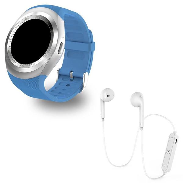 Kit 1 Relógio SmartWatch Y1 Azul + 1 Fone Bluetooh Original Branco - Y Smart