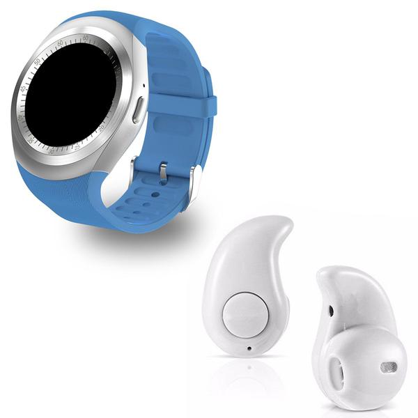 Kit 1 Relógio SmartWatch Y1 Azul + 1 Mini Fone Bluetooh Branco - Y Smart