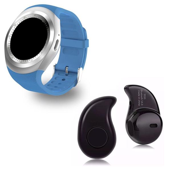 Kit 1 Relógio SmartWatch Y1 Azul + 1 Mini Fone Bluetooh Preto - Y Smart